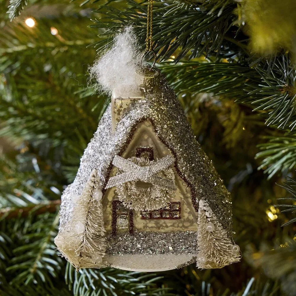 West Elm Glass A-Frame Cabin Ornament NEW Cottage Retro Bottlebrush Christmas